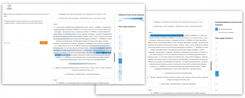 On the left, an internal app that mocks up the display of the attention scores to the end-user. On the right, a different, model agnostic explainability method is used to show where the summary had originated from in the source text