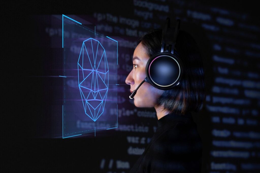 An individual wearing headphones, captivated by an artificial intelligence (AI) display symbolizing the contours of their head