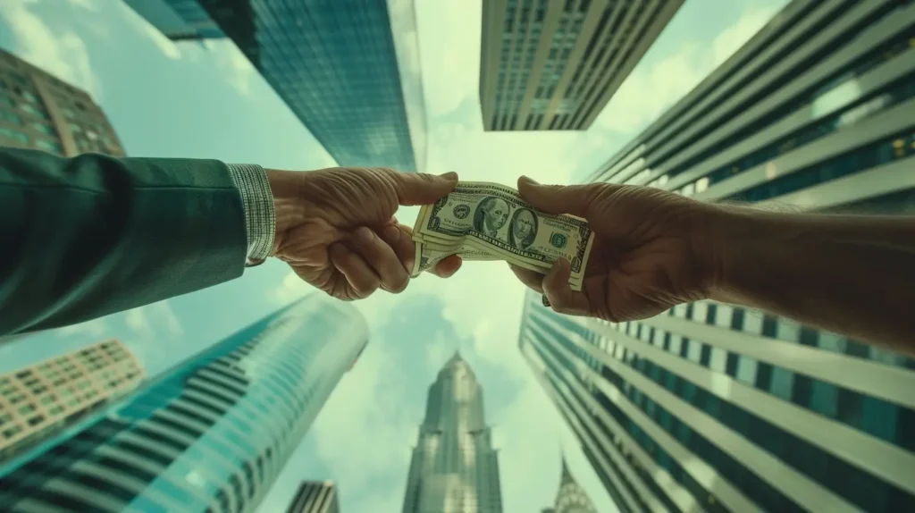 Two hands holding a dollar bill. Visual representation of banking