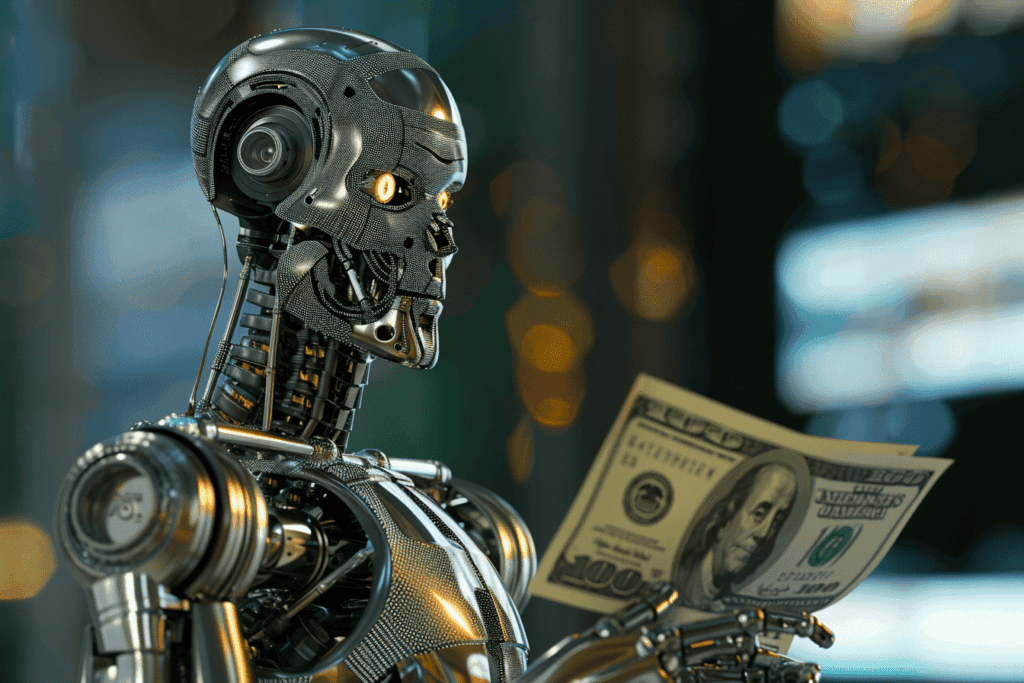 Robot holding a dollar bill. Visual representation of the intersection between artificial intelligence and banking