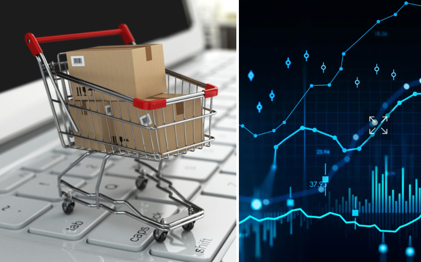 Shopping cart filled with boxes and analytics