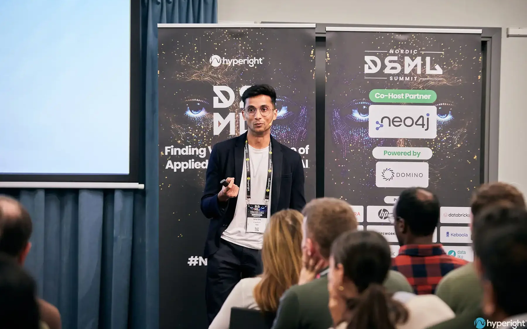 Speaker Aditya Garg presenting on data science at the NDSML Summit 2023 in Stockholm