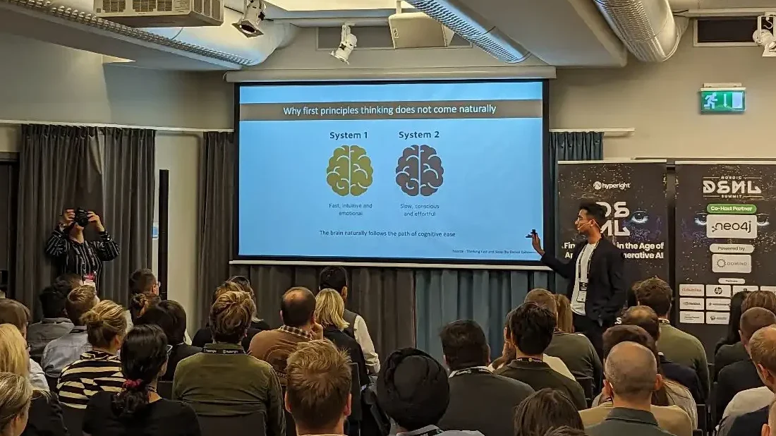 Speaker Aditya Garg presenting on data science at the NDSML Summit 2023 in Stockholm