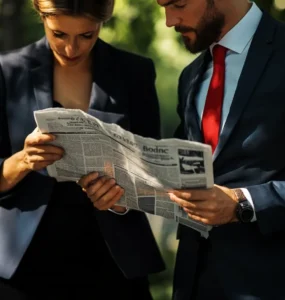 Two business people reading a newspaper