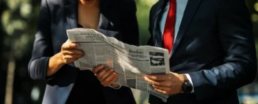 Two business people reading a newspaper