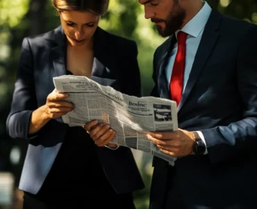 Two business people reading a newspaper