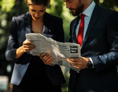 Two business people reading a newspaper