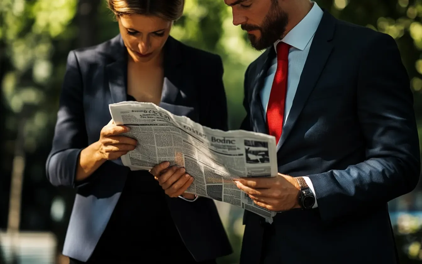 Two business people reading a newspaper